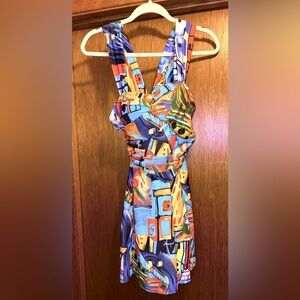 Colorful Abstract Print Padded Underwire One Piece Swim Dress w built-in Bottoms